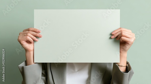 Blank sheet of paper held in front of a person's face.