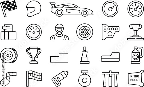 Racing car and motorsport icon set illustration in line style