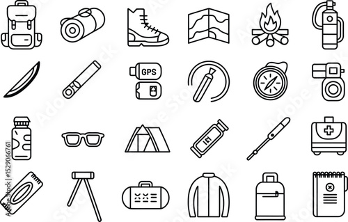 Hiking and camping equipment line icon set outline design