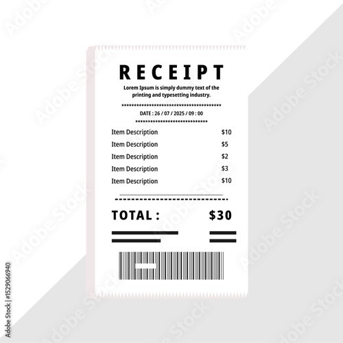 A minimalist white purchase receipt template with item descriptions, prices, total, date, and barcode. Ideal for financial graphics or business designs.