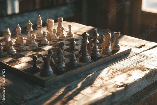 Vintage Chess Set on Wooden Table