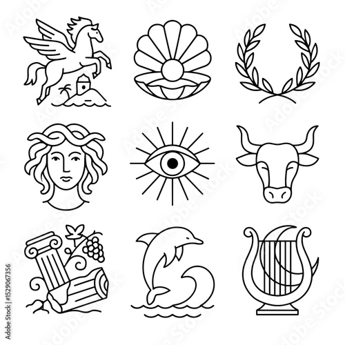Vintage vector icon set featuring mythical symbols and imagery, Greek style  