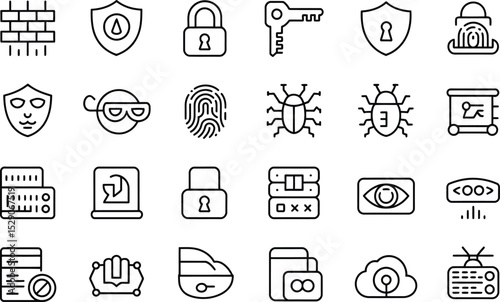 Cyber security protection outline icons set data safety elements and web protection