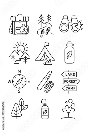 Vector icon set of camping and outdoor adventure symbols  