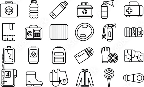 Outline icon set depicting emergency preparedness and camping gear