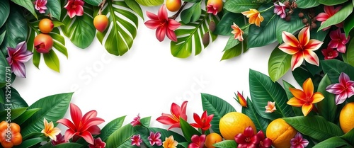 Lush green leaves, vibrant flowers, exotic fruits form a vibrant tropical border,  foliage,  digital art