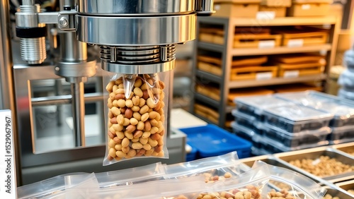 High-tech equipment in modern factory fills bags with mixed nuts, precise packaging & efficiency. Industry automation, advanced food processing & storage 