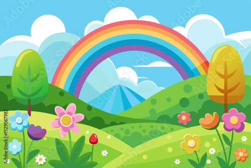 Summer and spring landscape scene with rainbow, flowers, green grass, and blue sky