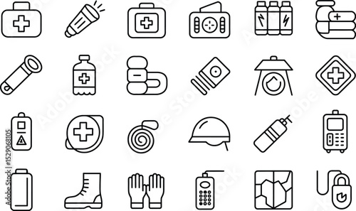 Emergency preparedness line icon set outlined safety equipment and supplies illustration
