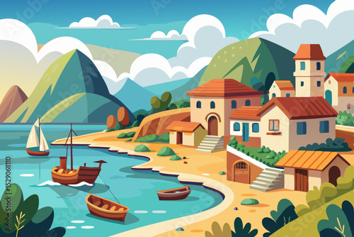 Lush green rural landscape illustration with a village of houses on the river under a summer sky, blending nature and charming country architecture