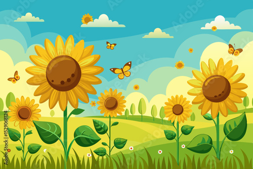 Bright yellow sunflowers stretch across a summer field under a clear blue sky, showcasing the beauty of nature and agricultural growth
