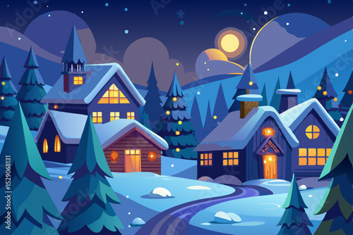 Christmas winter night landscape illustration with houses, snow, moon, and trees
