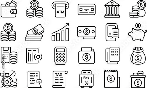 Finance and banking icon set with business and investment elements in outline style