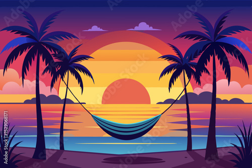 Tropical beach sunset with silhouetted palm trees