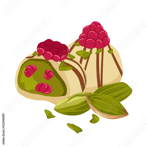 White chocolate raspberry candy composition. Hamemade dessert with green pistachio and pink raspberry flavor. Vector illustration of treats for food packaging, menus, posters, blogs, recipe books