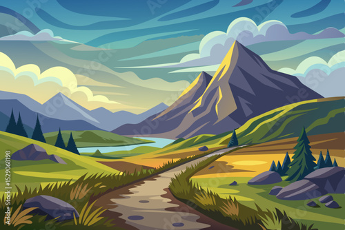 Green mountain landscape with blue sky and white clouds