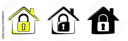 House with locked padlock icon in colorful and monochrome designs, safety and securuty concept