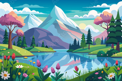 Spring natural landscape with a lake, flowers, green grass, and trees under a cloudy sky