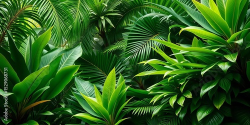 Lush, vibrant green tropical foliage backdrop,  summer,  foliage