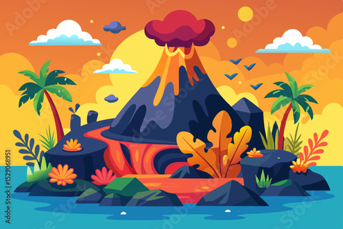 Tropical island paradise with palm trees, sandy beach, and clear ocean water under a summer sky