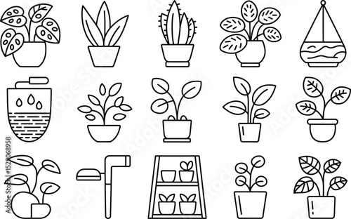 Collection of minimalist potted plants and gardening accessories line art illustration