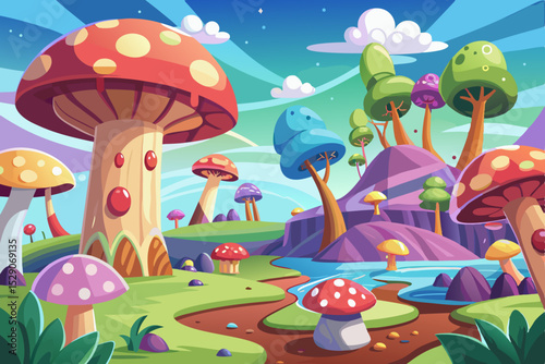 Cute cartoon baby animals and birds among colorful spring flowers and mushrooms in a sunny forest landscape with a rainbow and butterflies