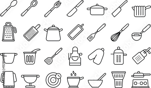 Minimalist kitchen utensils icon set line art illustration isolated on white background