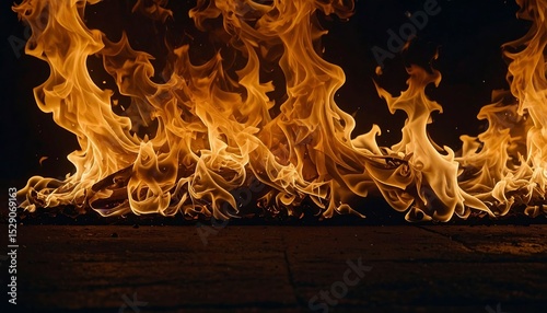 Intense orange flames dance and flicker above dark wood, creating a captivating and dynamic scene.
