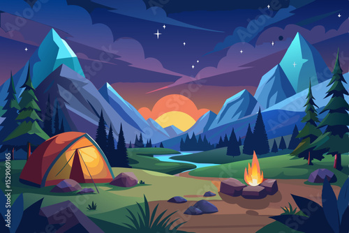 Night camping adventure in the mountains under a starry sky with a tent and forest landscape