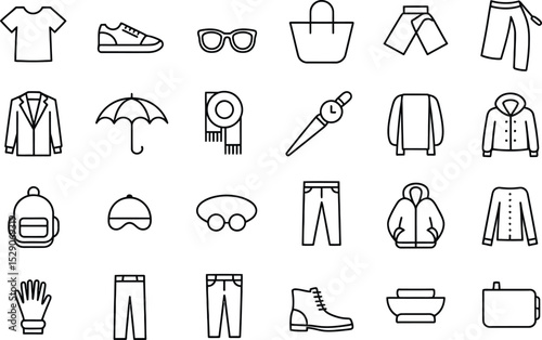 Outline icons of clothing accessories and personal items minimalist line art style