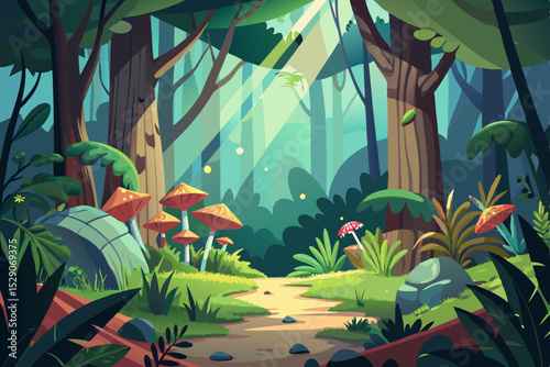 An illustrative cartoon vector of a vibrant green tropical jungle with lush trees, palm leaves, and exotic flowers, featuring swimming tropical fish and colorful birds, all set in a serene natural lan