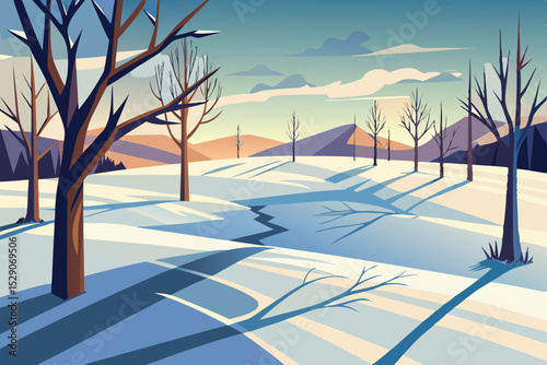 Frozen winter landscape at sunset with a river and silhouetted trees under a frosty blue sky