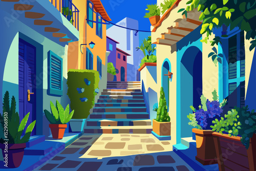 Narrow stone street in the old town of Jerusalem with ancient architecture, doors, and vibrant flowers adorning the walls of homes