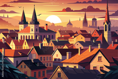 Medieval vector illustration of a fantasy castle in the night sky