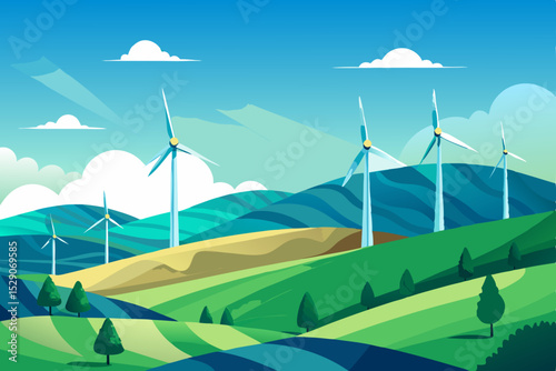 Vector illustration of a vibrant summer landscape with green grass, a winding road, and majestic blue mountains under a cloudy sky
