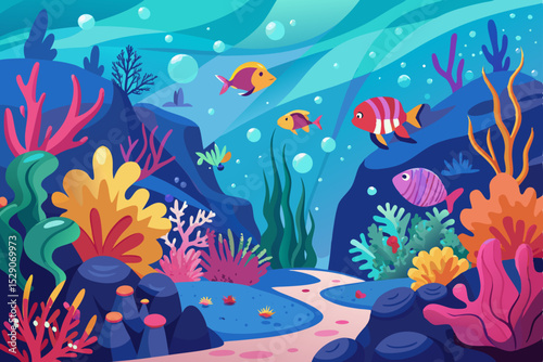 Tropical coral reef teeming with marine life: vibrant fish swim among colorful corals in clear blue underwater