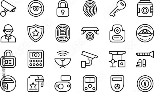 Security system and surveillance line icon set illustration for protection
