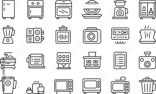 Kitchen appliances outline icon set minimalist design various cooking tools black line