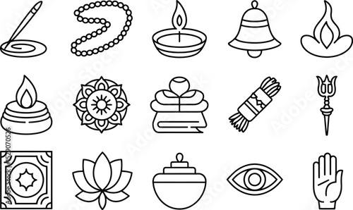 Collection of hindu puja elements in line art style for religious and cultural designs
