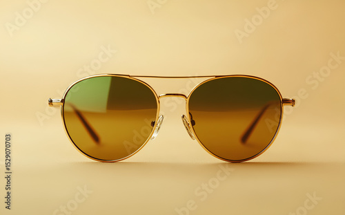Gold sunglasses with brown and green lenses on a beige background. Close-up of stylish sunglasses for men or women, a fashion accessory. Golden aviator shades 
