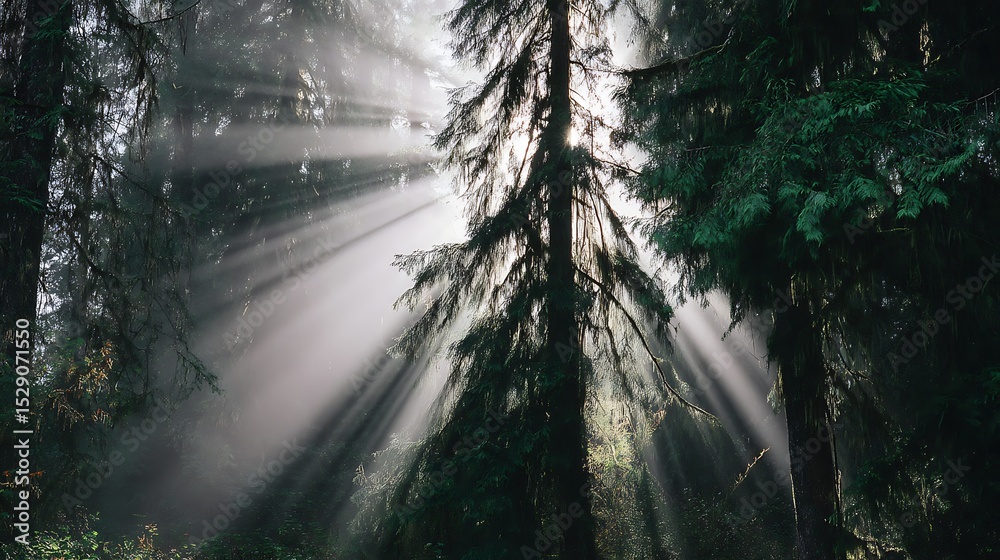 Obraz premium Sunlight breaking through forest trees fog
