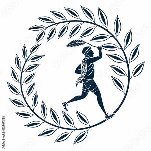 Runner with laurel wreath in an artistic, minimalist style  