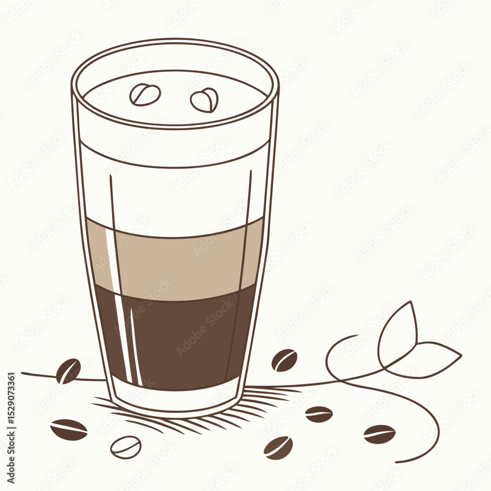 Coffee drink in tall glass with layers and coffee beans scattered  