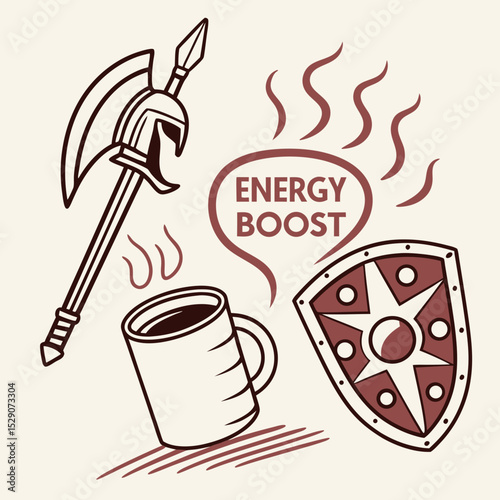Energy boost concept with coffee mug, shield, and axe illustration  