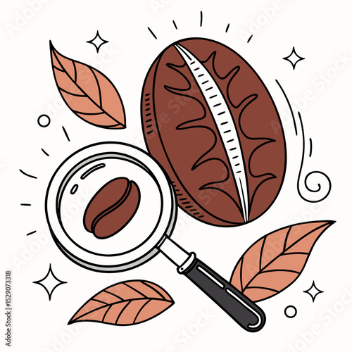 Coffee beans with magnifying glass and autumn leaves in doodle style  