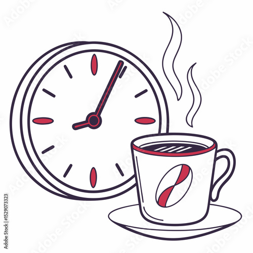 Clock showing time next to steaming coffee cup on saucer  