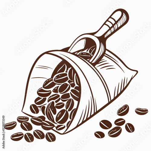 Coffee beans spilling from a bag with a scoop on top  
