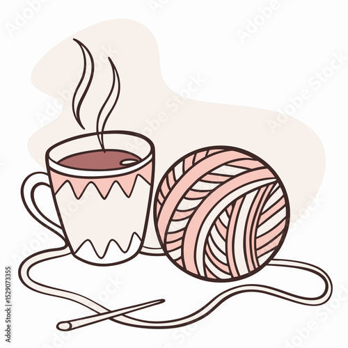 Cozy cup of tea with yarn ball and knitting needle on table  