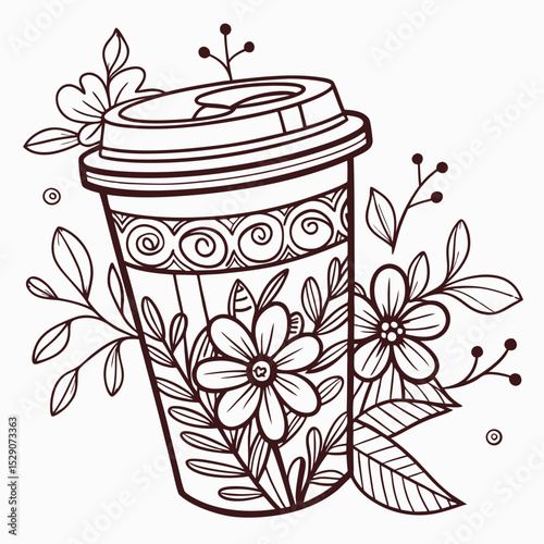 Decorative coffee cup with floral patterns and leaves illustration  