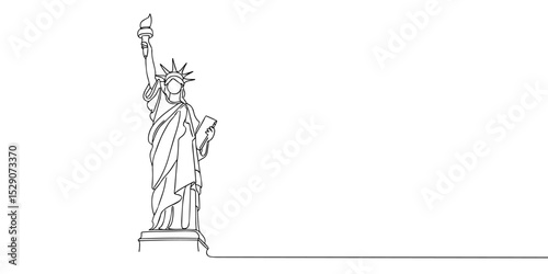 One continuous single line drawing of liberty statue isolated on white background.